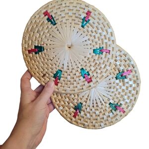 Handwoven Straw Trivets with Colorful Accents